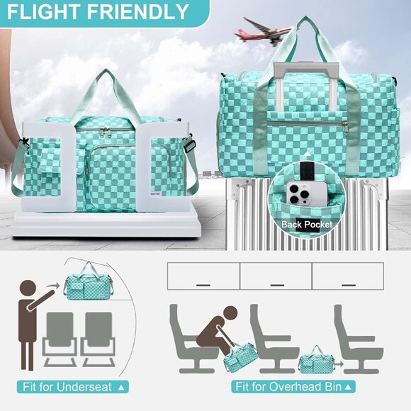 Women Blue Checkered Small Gym Carry On Weekender Travel Shoe Compartment Bag - Picture 3 of 6